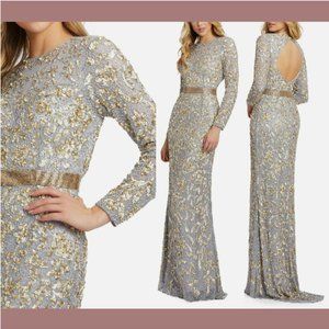 NWT $598 Mac Duggal [‎ SZ 8 ] Long Sleeve Embellished Gown Platinum Gold #Q659